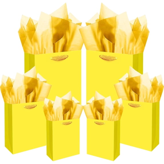 Bright Yellow Gift Bags with Tissue Paper Mulit Assorted Sizes 10PCS Present Birthday Bags(2pcs Large 13", 4pcs Medium 9", 4pcs Small 6",22pcs Tissue Paper)