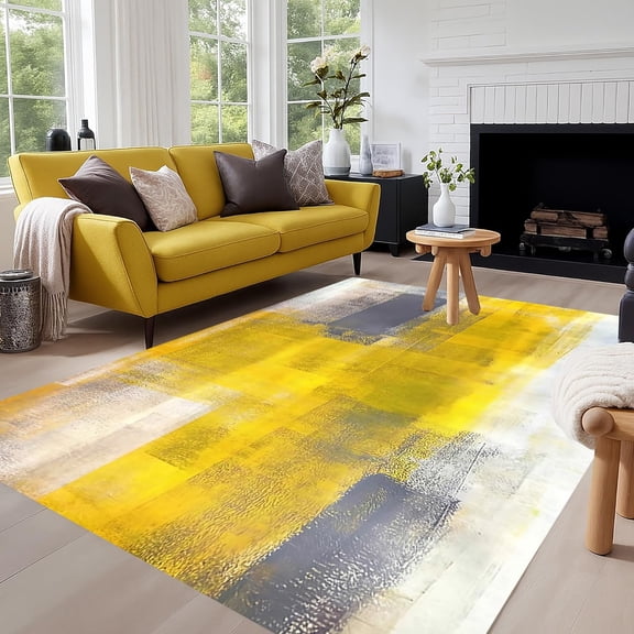 Bright Yellow Gray Area Rugs, Contemporary Abstract Design Carpet, Washable Non Slip Low Pile Rug for Living Room Bedroom Dining Room Apartment Decor Mat 2x3ft