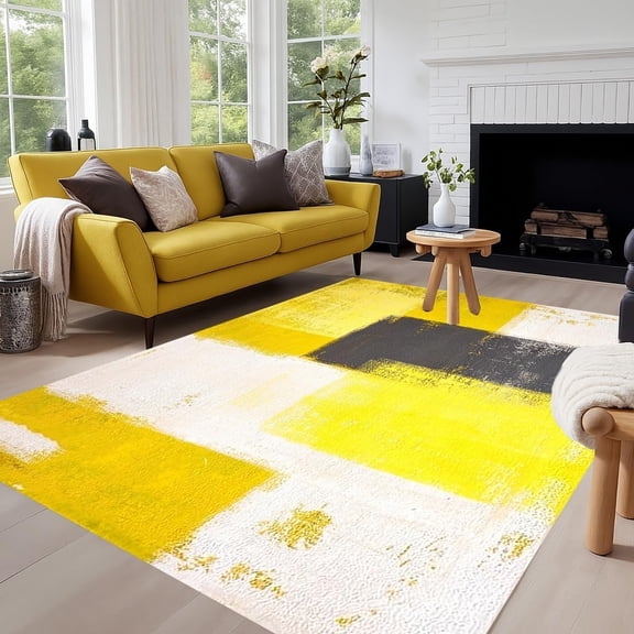 Bright Yellow Gray Area Rugs, Geometric Abstract Canvas Design Carpet, Washable Non Slip Low Pile Rug for Bedroom Living Room Playroom Office Decor Mat 5x8ft