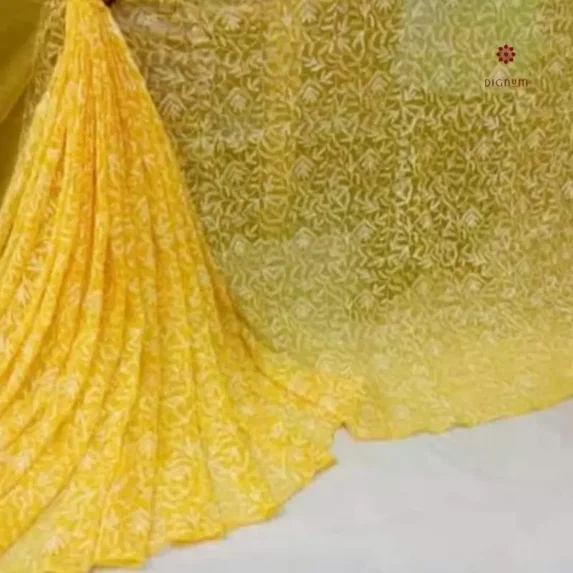 Bright Yellow Hand Embroidered Chikankari Saree