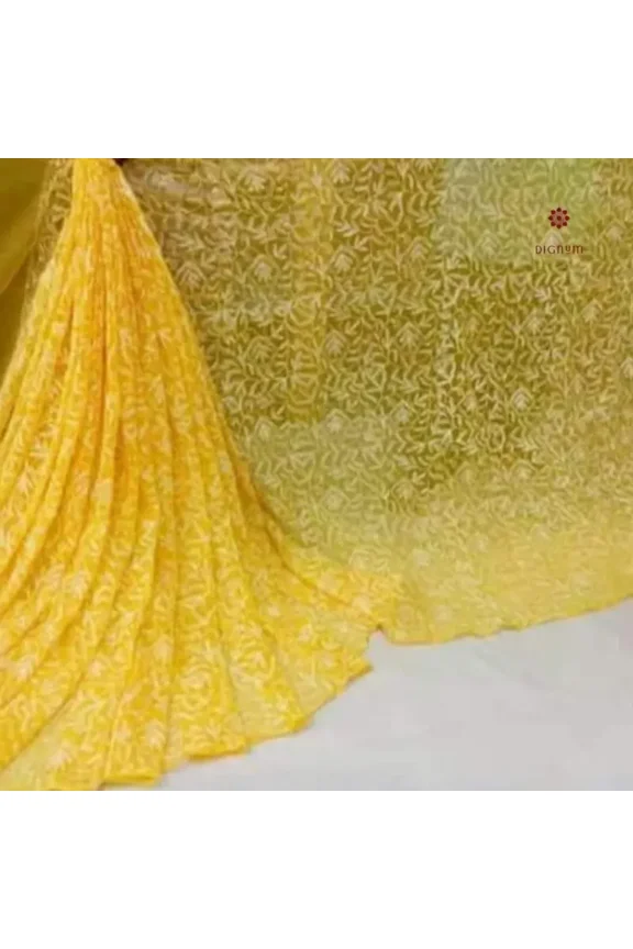 Bright Yellow Hand Embroidered Chikankari Saree