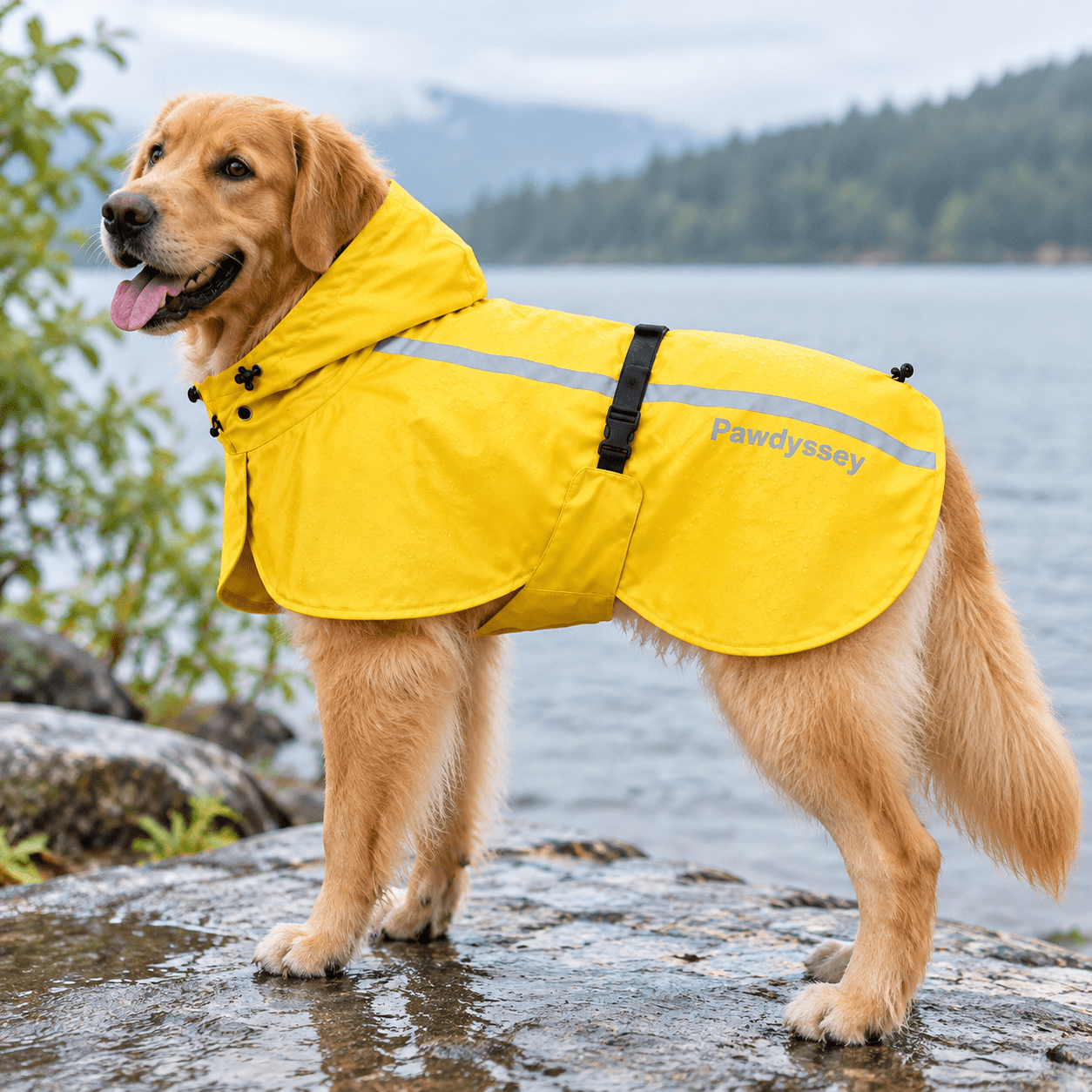 Bright Yellow Large Stretch Fabric Waterproof Dog Raincoat with Hood ...