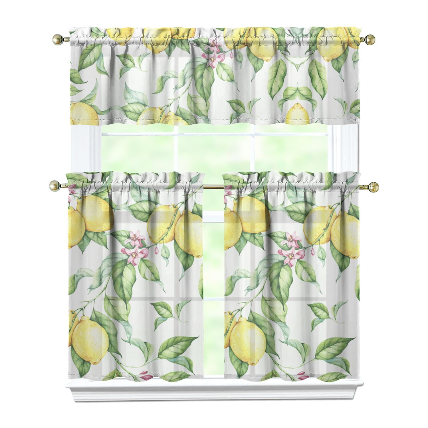 Bright Yellow Lemon Lover Kitchen Curtains Set - Semi-Sheer Short ...