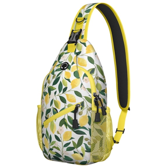Bright Yellow Lemon Pattern Travel Sling Backpack, Lightweight Crossbody Bag with Modern Floral Design, Perfect for Summer and Outdoor Activities