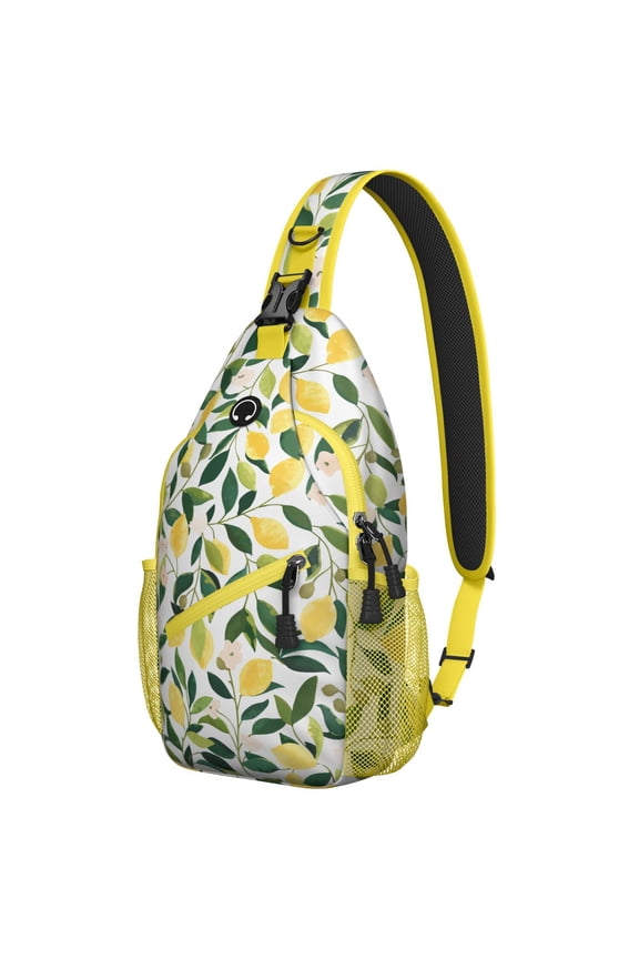 Bright Yellow Lemon Pattern Travel Sling Backpack, Lightweight Crossbody Bag with Modern Floral Design, Perfect for Summer and Outdoor Activities