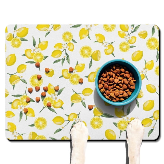 Bright Yellow Lemon Print Pet Feeding Mat - Absorbent Non-Slip Dog Food Mat with Retro Floral Design, Washable and Eco-Friendly