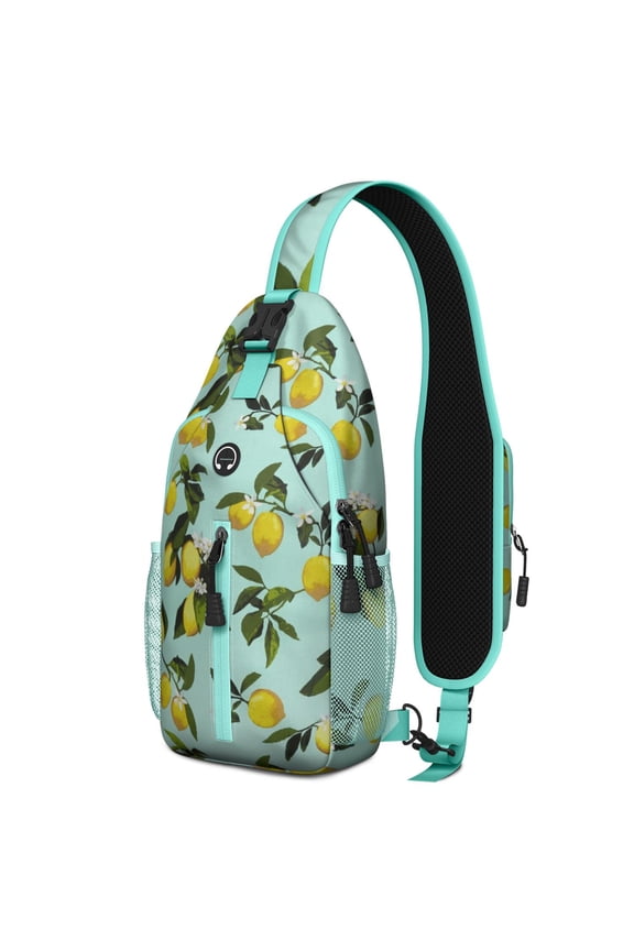 Bright Yellow Lemon Print Sling Backpack, Cute Summer Fruit Design Crossbody Daypack with Retro Vintage Floral Patterns, Lightweight and Adjustable Strap