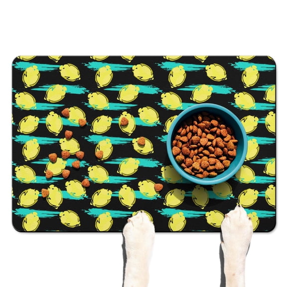 Bright Yellow Lemon and Bees Dog Bowl Mat - Waterproof Non-Slip Pet Food Mat with Floral Print, Quick Dry and Durable