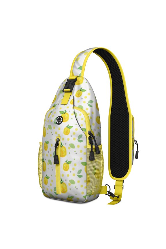 Bright Yellow Lemon and Floral Print Sling Backpack, Cute Summer Fruit Design Crossbody Daypack, Retro Vintage Style, Lightweight and Durable