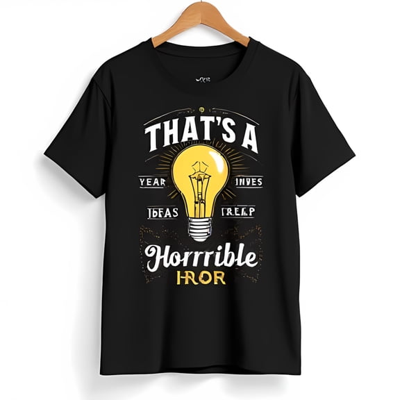 Bright Yellow Light Bulb Graphic T-Shirt That A Horrible Hror Pun on Black Tee
