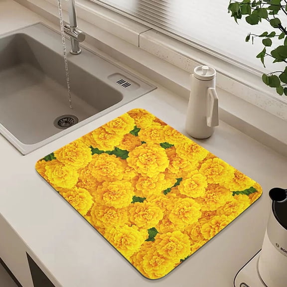 Bright Yellow Marigolds Dish Drying Mat for Kitchen Counter Absorbent Drainer Mats (15.7X11.8Inch)