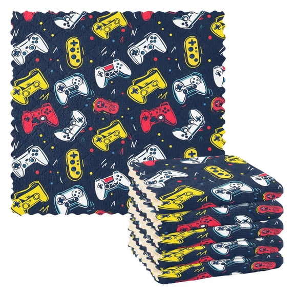 Bright Yellow Red Game Controller Pattern Kitchen Cloth Dish Towels for Drying Washing Absorbent Dish Rags Reusable soft kitchen dishcloth set 6 Pack