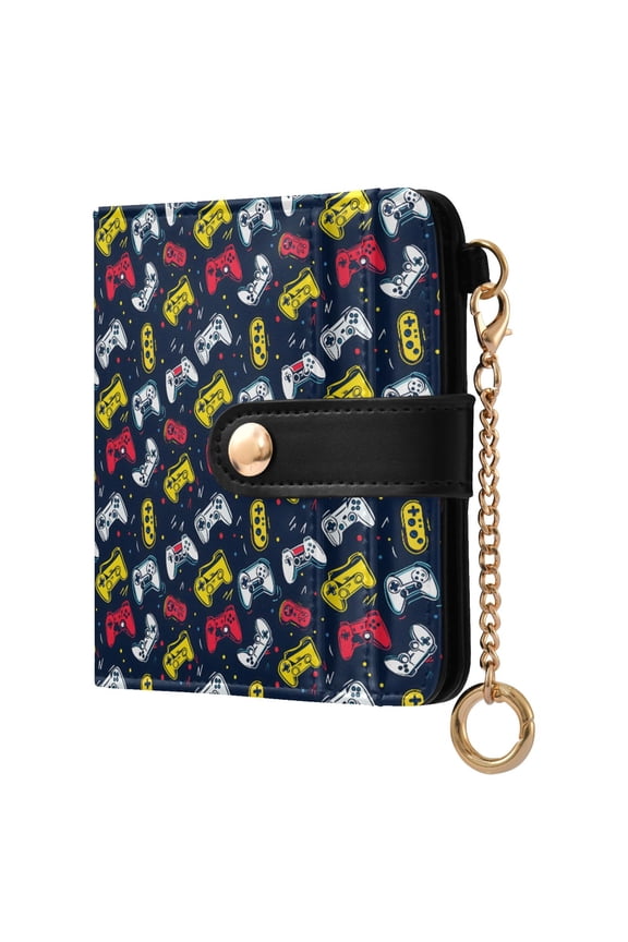 Bright Yellow Red Game Controller Pattern Small Wallet for Women RFID Blocking Bifold PU Leather Credit Card Holder with Zipper Coin Pocket Compact Cute Travel Purse Magnetic Snap 7 Card Slots