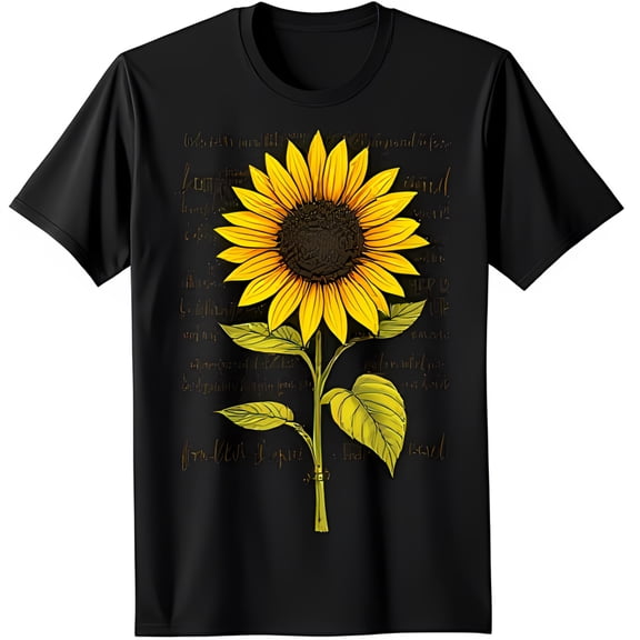 Bright Yellow Sunflower Graphic Black T-Shirt with Cursive Writing Design