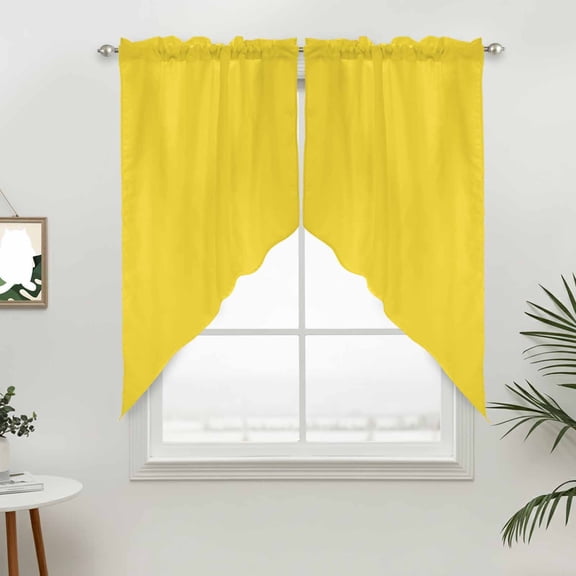 Bright Yellow Swag Valances for Windows, Pure Solid Color Rod Pocket Short Curtains, Machine Washable Kitchen Window Topper for Bathroom Living Room, 28 x 36 Inch, 1 Pair