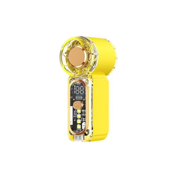 Bright Yellow Transparent Mecha Turbo Handheld Cooling Fan Digital Power Display LED Ambient Light USB Rechargeable Pocket Mini Cooler For Travel Commute Shopping