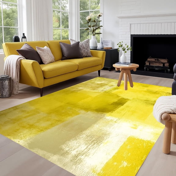 Bright Yellow Off White Area Rugs, Ombre Tie Dye Abstract Design Carpet, Washable Non Slip Low Pile Rug for Living Room Bedroom Playroom Office Decor Mat 3x4ft
