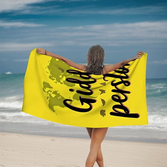 Bright Yellow World Map Beach Towel - Playful ' Gidd & perton ' Design with Birds & Flowers - Perfect for Pool Travel & Bath