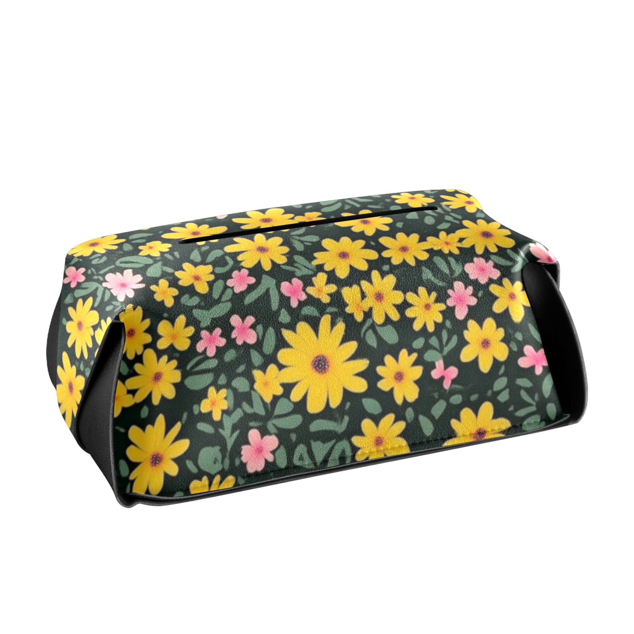 Bright Yellow and Pink Flower Tissue Box Cover Leather Square Rectangle ...