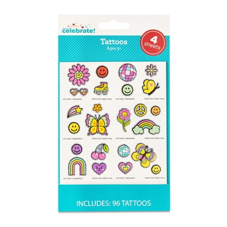 Way To Celebrate Bright and Bold Temporary Tattoo Party Favors, 96 Count