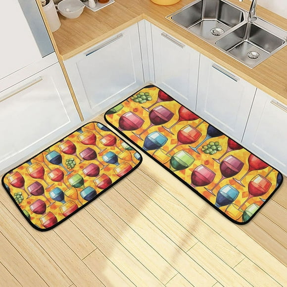 Bright and Colorful Wine Glasses Kitchen Mat Set of 2 Cushioned Non Slip Rugs for Bedroom Floor Runner Mats