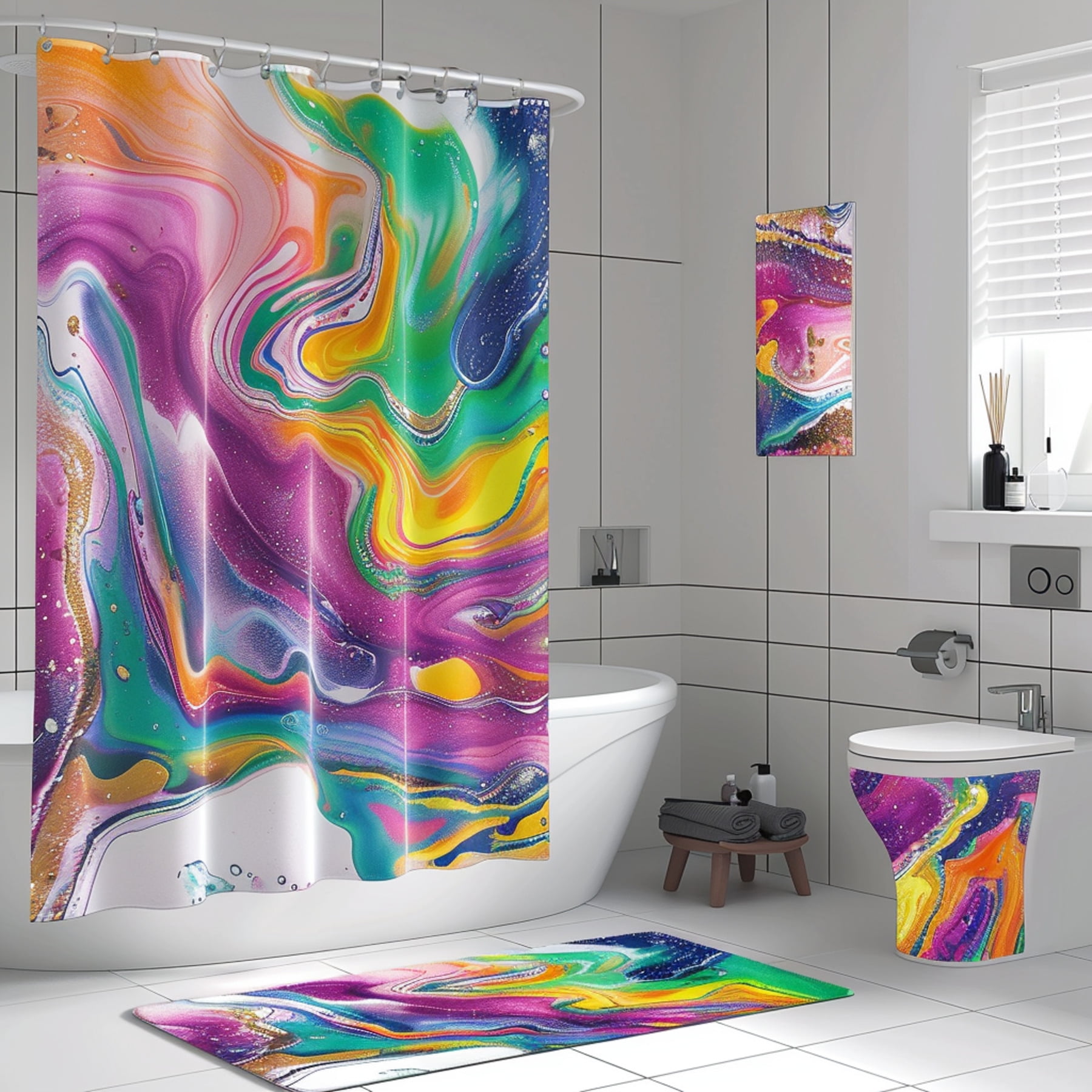 Bright and cheerful shower curtain with colorful and unique abstract