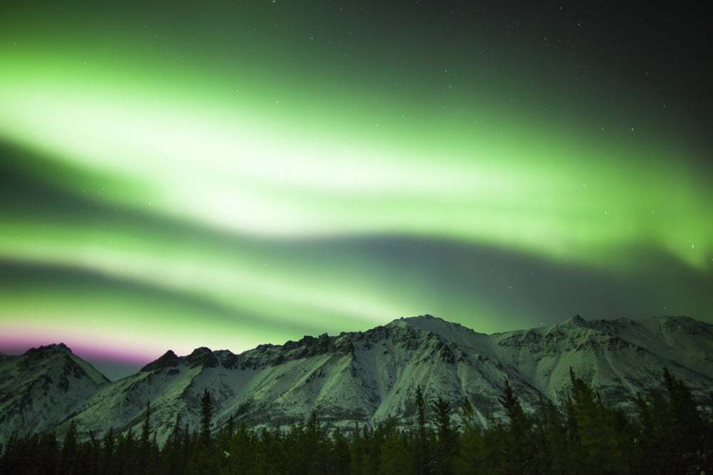 Bright aurora borealis over Annie Lake Yukon Canada Canvas Art - Philip HartStocktrek Images (18 x 12)