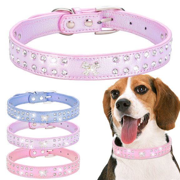 Bright rhinestone collar, dog leash, pet walking rope, neck collar, dog chain, PU leather dog collar 1Pack