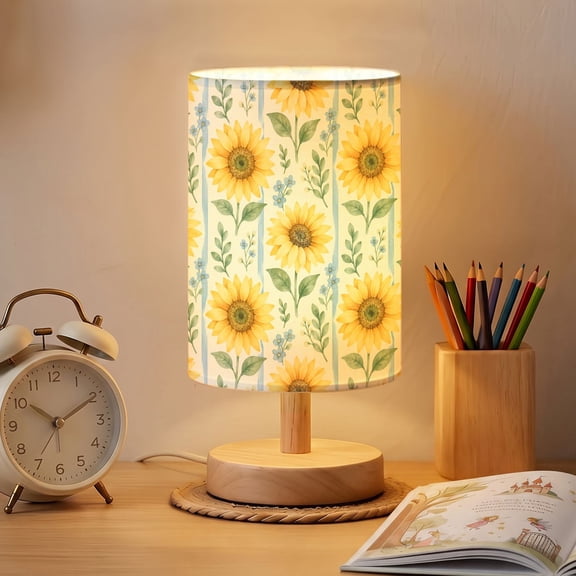 Bright yellow Sunflower Bedside Table Lamp for Bedroom 16 Color Dimmable Small Desk Lamp Delicate Blue Stripe Flower Green Leaves Nightstand Lamp with Remote Wooden Base Linen Shade for Gift
