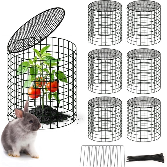 BrightD - Plant Protectors, Garden Fencing Animal Barrier, DIY Metal Mesh Plant Cage with Stakes and Nylon Cables, 6 Sets 11.8 x 12.9 Inch, for Garden Plants Flowers Vegetables, Black Metal