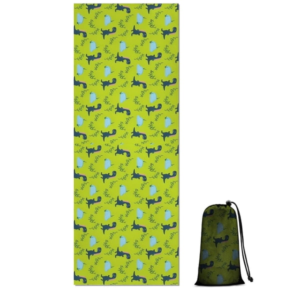 BrightGreen Cartoon Dinosaurs Leaves Pattern Hot Yoga Mat Towel Non Slip for Hot Yoga - Quick-Drying Yoga Mat Cover with 4 Corner Pockets with Travel Bag - Hot Yoga Towel Non Slip 70"x26"