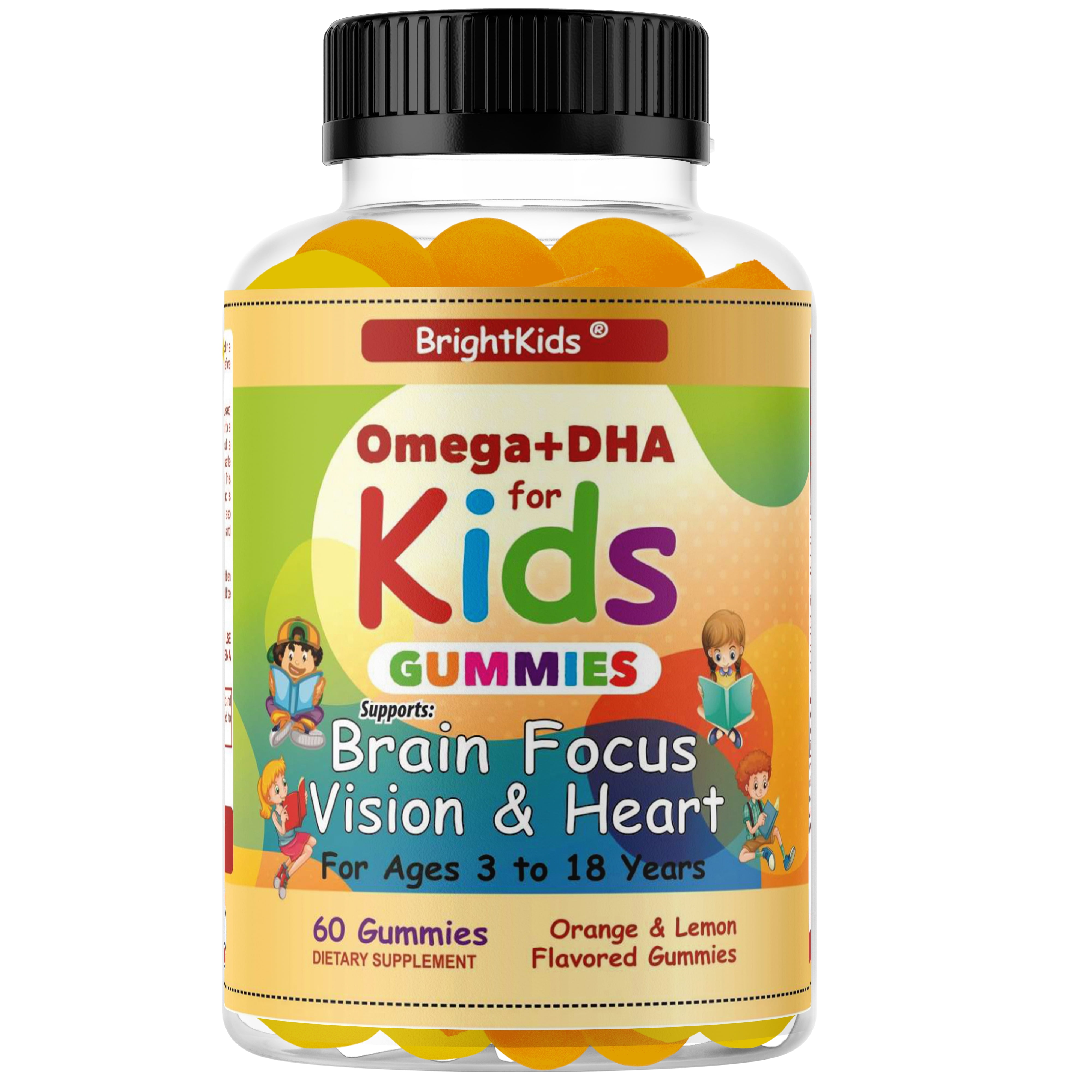 BrightKids Brain Focus Formula, Omega 3 DHA for Kids & Teens -60 Gummies