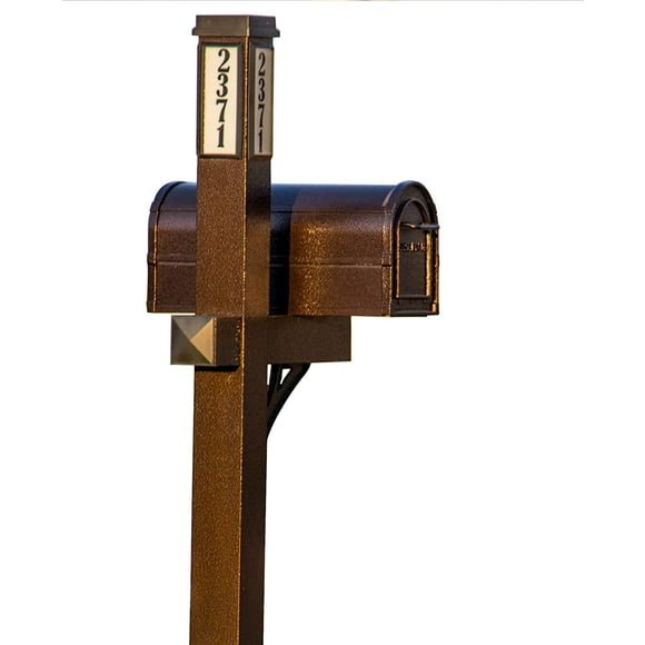 BrightLight Mailbox New Solar Powered Single Post 2 Door Mailbox with Address Panel, Hammered Bronze