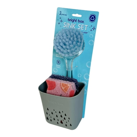 Bright Box Kitchen Sink Cleaning Set, 3pc  Purple Sponge, Celestial Blue Brush & Gray Caddy