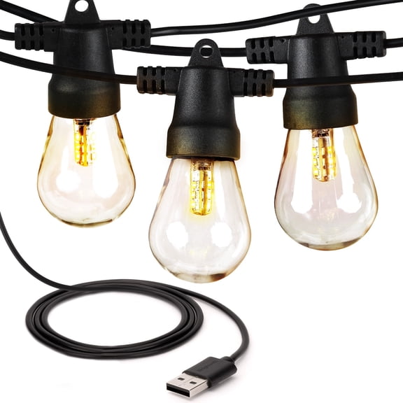 Brightech Ambience Pro USB Powered LED Outdoor String Lights 24 ft, Waterproof Shatterproof 1W Edison Bulbs for Camping, Backyard, Porch, 2700K Soft White
