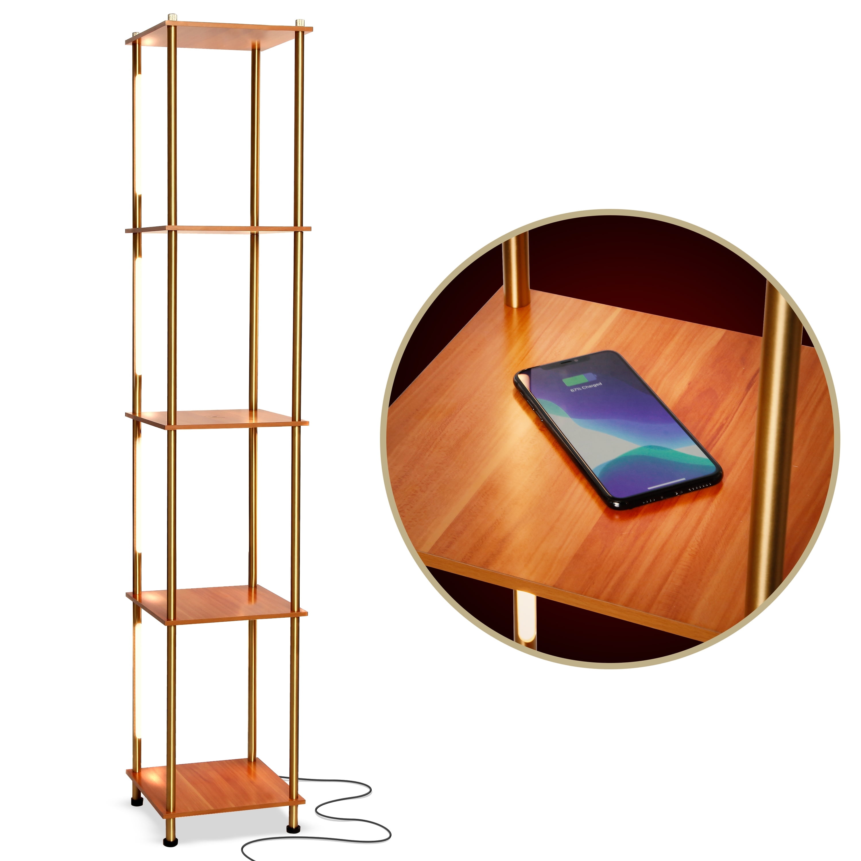 Aria Brass Finish LED Floor Lamp with Wireless Charging & Adjustable Shelves