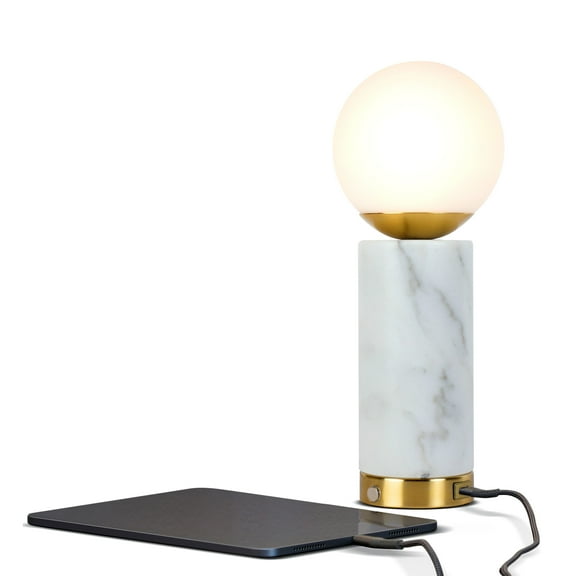 Brightech Aspen LED Table Lamp with USB Port, Marble Base, and Glass Shade