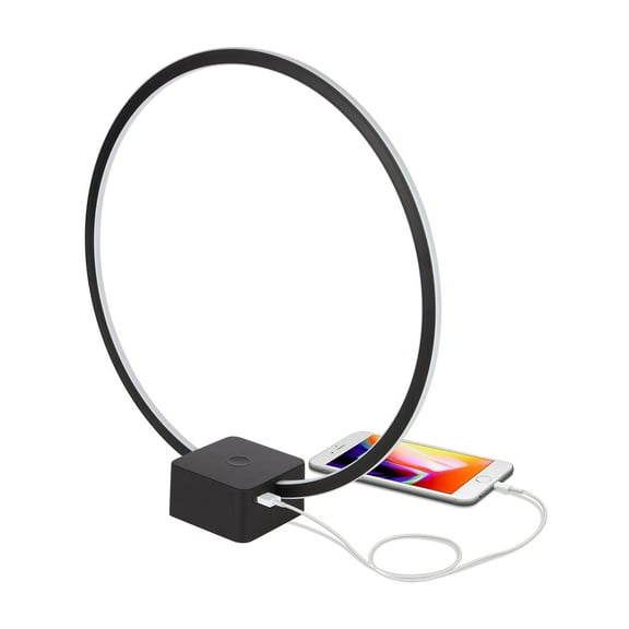 Brightech Circle LED Nightstand Lamp with USB Port – Compact Bed Stand Lamp for Bedroom, Living Room - Modern Asian Table & Desk Lamp on Side & End Tables - Jet Black