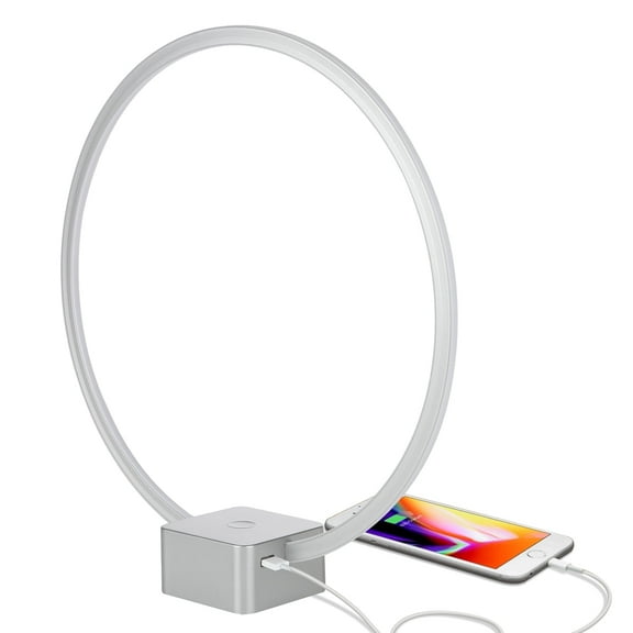Brightech Circle LED Nightstand Lamp with USB Port – Compact Bed Stand Lamp for Bedroom, Living Room - Modern Asian Table & Desk Lamp on Side & End Tables - Titanium Sliver
