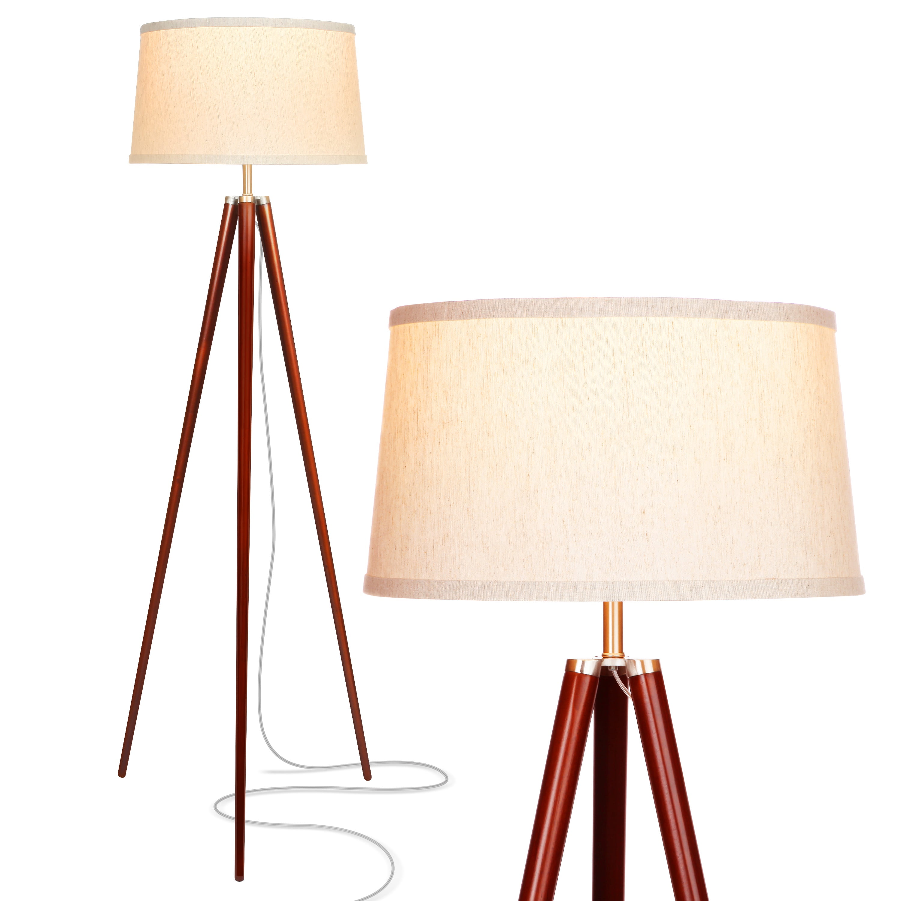 Walnut Brown Tripod Floor Lamp with White Fabric Shade