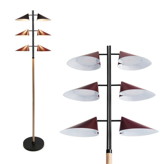 Brightech Ivo 65" LED Japandi-Inspired Floor Lamp With Oak Stem And Red Shades