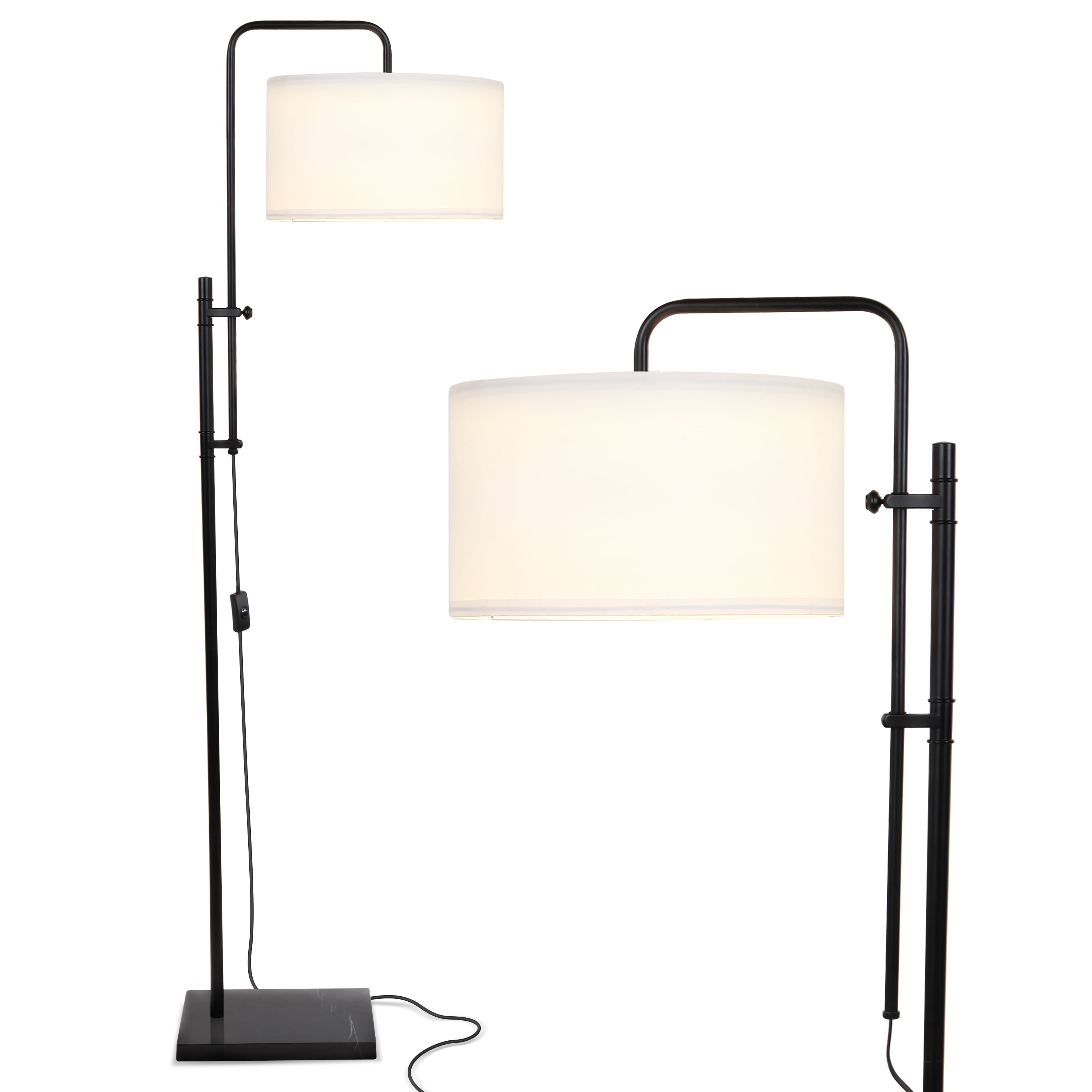 Leo Adjustable Black Arc Floor Lamp with White Fabric Shade