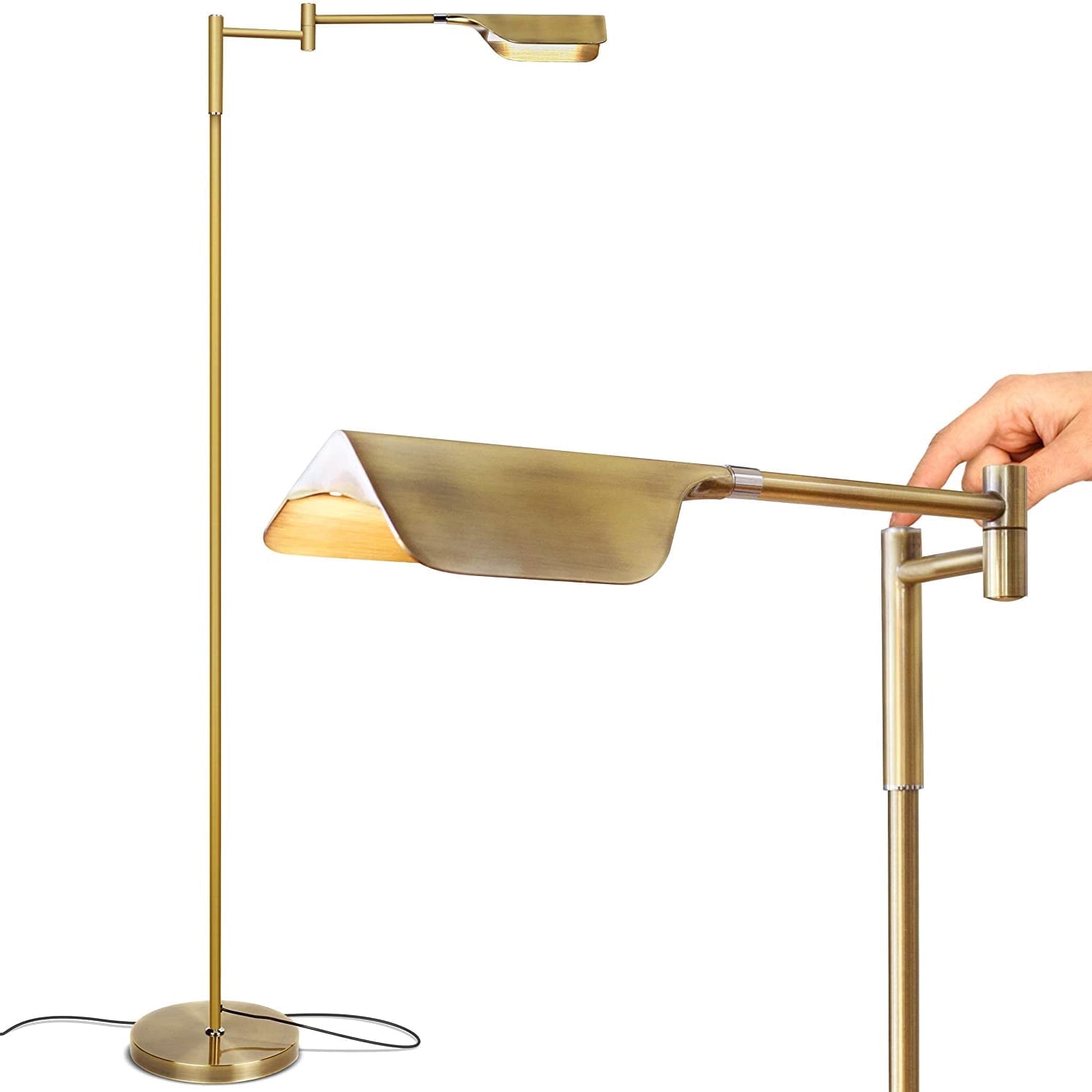 Brightech Leaf LED Floor Lamp, Pharmacy LED Floor Lamp for Living Rooms & Offices, Adjustable Standing Lamp for Bedroom Reading, Tall Lamp For Sewing & Craftwork - Brass, Gold