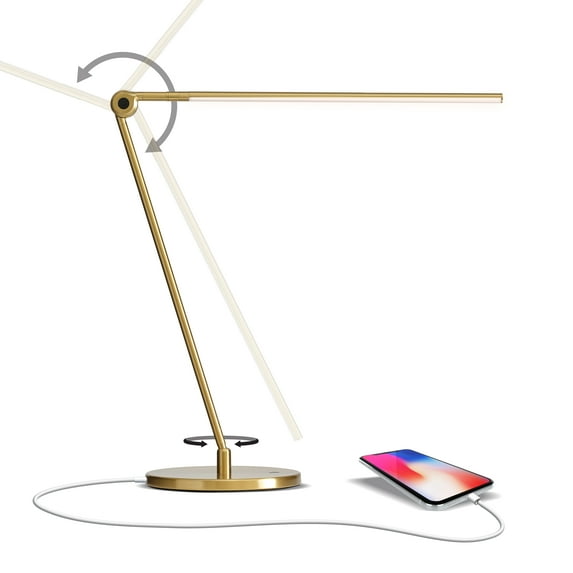 Brightech Libra 20" LED Table Lamp - Contemporary Minimalist Standing Lamp - Adjustable Pivoting LED Head with Built-in Dimmer and Color Changing LED - Brass