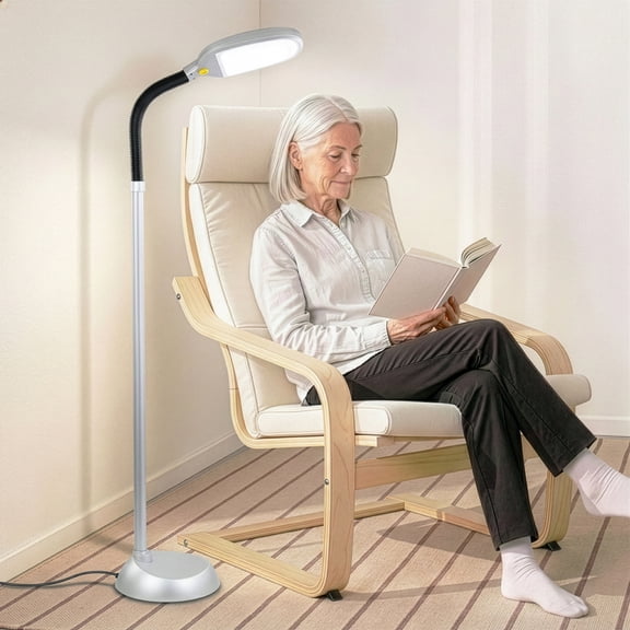 Brightech Litespan - Bright LED Floor Lamp for Crafts and Reading, Estheticians' Light for Lash Extensions, Adjustable Gooseneck Standing Lamp for Living Room, Bedroom and Office - Silver