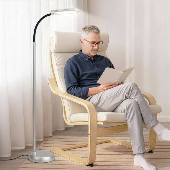 Brightech Litespan Slim LED Lamp, Modern Floor Reading Lamp Over Chair for Living Rooms & Offices, Tall Lamp with Adjustable Gooseneck, Crafts Work Light, Dimmable Standing Lamp for Bedroom - Silver