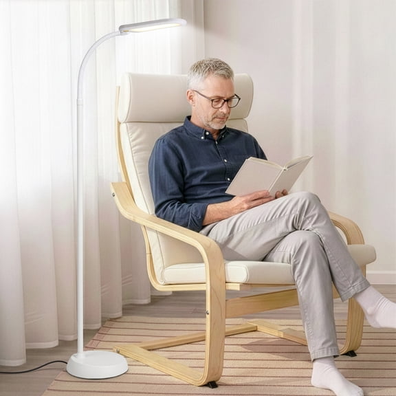 Brightech Litespan Slim LED Lamp, Modern Floor Reading Lamp Over Chair for Living Rooms & Offices, Tall Lamp with Adjustable Gooseneck, Crafts Work Light, Dimmable Standing Lamp for Bedroom - White