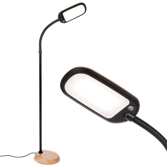 Brightech Litespan Slim LED Lamp, Modern Floor Reading Lamp Over Chair for Living Rooms & Offices, Tall Lamp with Adjustable Gooseneck, Crafts Work Light, Dimmable Standing Lamp for Bedroom - Wood