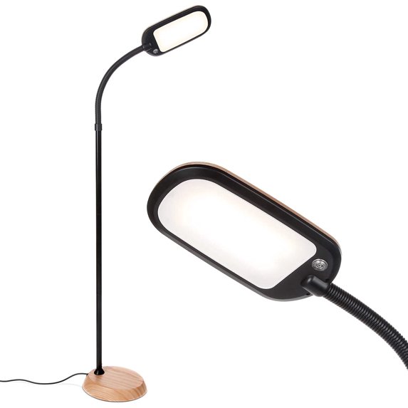 Brightech Litespan Slim LED Lamp, Modern Floor Reading Lamp Over Chair for Living Rooms & Offices, Tall Lamp with Adjustable Gooseneck, Crafts Work Light, Dimmable Standing Lamp for Bedroom - Wood
