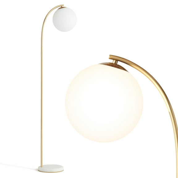 Brightech Luna Drop 66" LED Floor Lamp, Frosted Glass Globe Arcing Living Room Lamp, Mid-Century Modern Standing Lamp for Living Rooms, Bedrooms & Offices - Brass